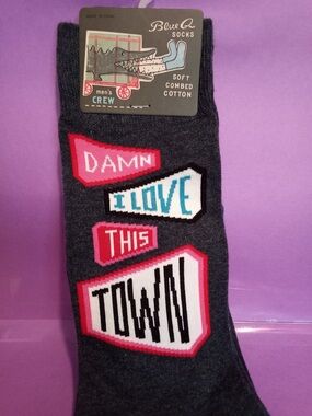 Blue Q Men's Crew Socks - Dark Gray 'Damn I Love This Town'